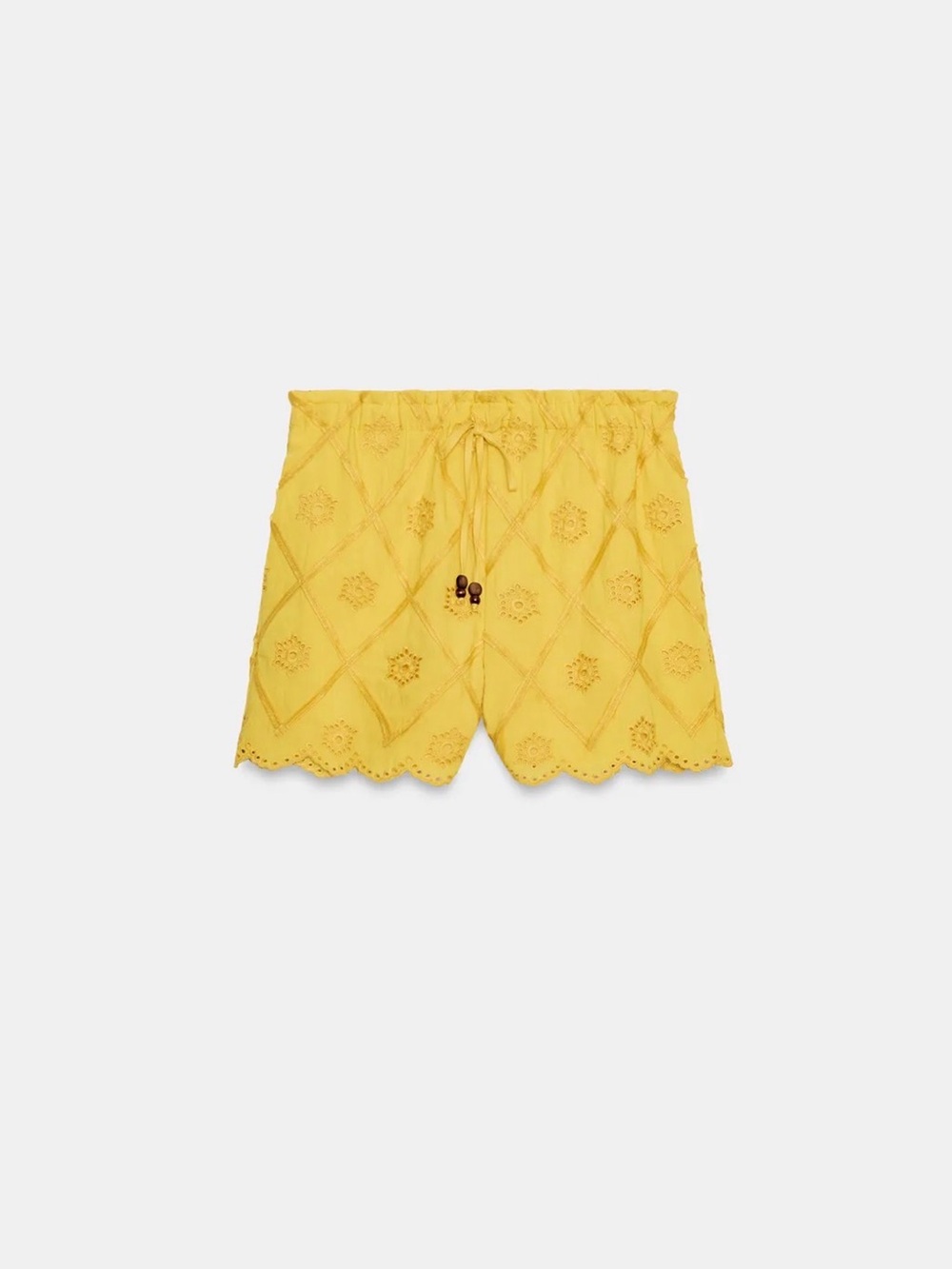 Zara Yellow Eyelet Scallop-Hem Bermuda Shorts